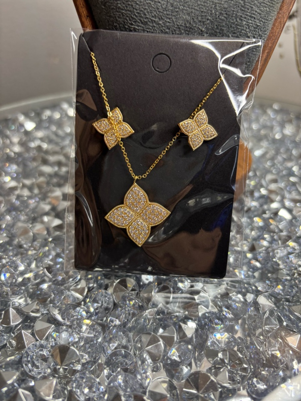 Gold Tone Pave Flower Pendant Necklace and Stud Earrings Set - Picture 7 of 7